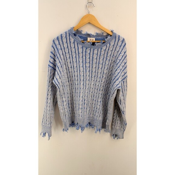 Bibi Sweaters - Bibi Women Sweater Size L Cable Knit Long Sleeve Distressed Chunky Blue